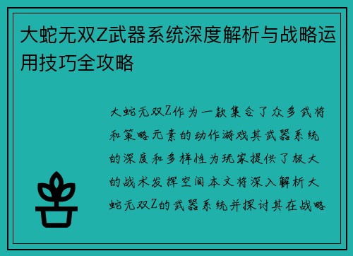 大蛇无双Z武器系统深度解析与战略运用技巧全攻略